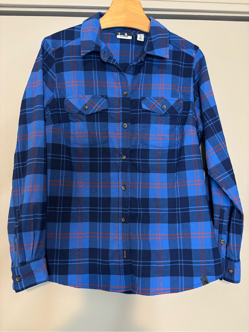 L.L. Bean Whisper Lodge Blue and Navy Plaid Button-Down Shirt with Red Accents